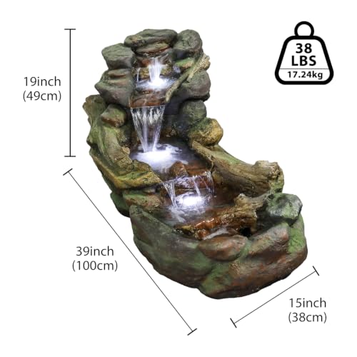 Image of SunJet Cascading Rock Outdoor Water Fountain with LED Lights - 39 inch Length Resin Stone Look Garden Waterfall Fountain, Freestanding Floor Fountain with UL Certified Pump for Patio Backyard Yard Decor