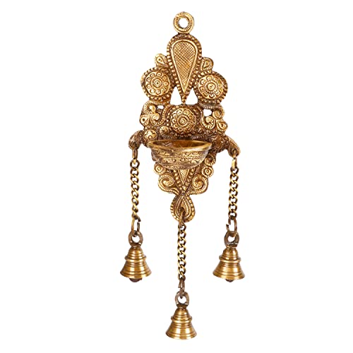 Artvarko Brass Diya Wall Hanging Deepak with 3 Chain Bells - Height 10 Inches.