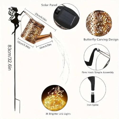 Luz solar para regadera, luces solares de jardín con 36 luces LED, metal retro, impermeable, para jardín, patio, camino, farol, decoración de plantas (elfo) - imagen 4