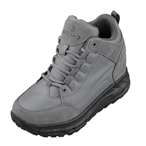 Image of CALTO Men's Invisible Height Increasing Elevator Shoes - Grey Lace-up High-Top Hiking Style Sneaker Boots - 4 Inches Taller - S22799 - Size 6 D(M) US