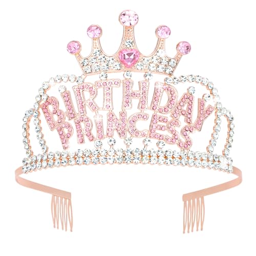 CIEHER Birthday Princess Crown for Girls, Princess Birthday Decorations Gifts for Girl - Rose Gold &amp; Pink
