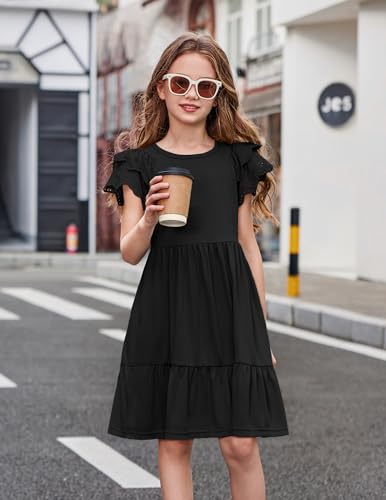 Arshiner Kleid Mädchen Kurzarm Schwarz A-Linie Sommerkleid Casual Elegantes Kleider Kinder Swing Partykleider Mode Geburtstag Festkleid für Mädchen mit Tasche 160/13-14 Jahre