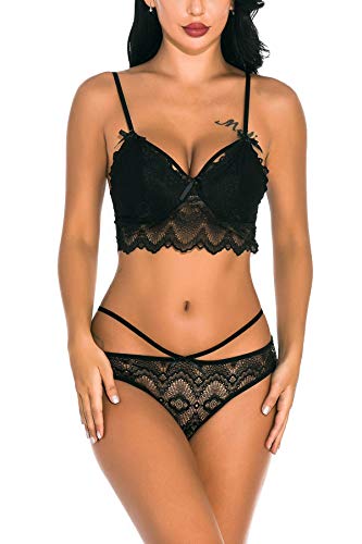 YIKYI Women Sexy Lace Bra and Panty Set Bralette Lingerie 2 Piece Babydoll Bodysuit Black