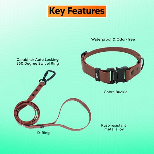 Image of Adil'S Waterproof Leash and Collar Combo Set - Adjustable & Breathable Biothane Collar with Leash Suitable for Medium & Large Size Dogs (Lease 5Ft), Chestnut, L