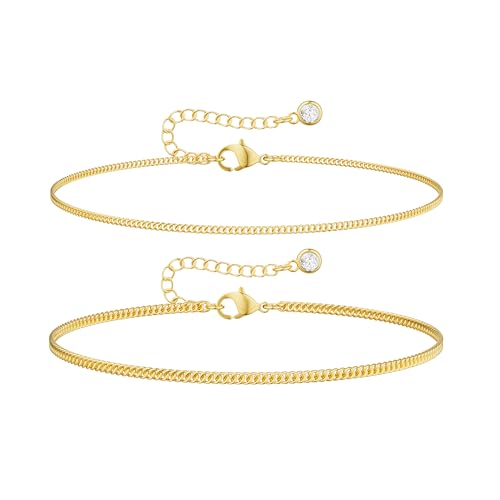 Image of DEARMAY Dainty 14K Gold Plated Ankle Bracelets for Women, Waterproof 14K Gold Plated Link Chain Anklets Non Tarnish Set Pack Summer Beach Jewelry Gift
