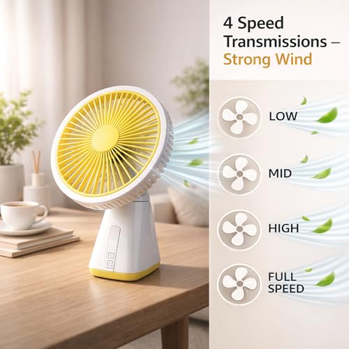 Image of REXERA ๐ inch ๐๐ง๐๐ก Rechargeable Desktop Mini ๐๐ฌ๐๐ข๐ฅ๐ฅ๐๐ญ๐ข๐ง๐ ๐
๐๐ง with ๐๐๐ Lighting | High Speed Rechargeable Table Fan for Home | ๐ ๐๐ฉ๐๐๐ Portable fan for Kitchen Home (Yellow)