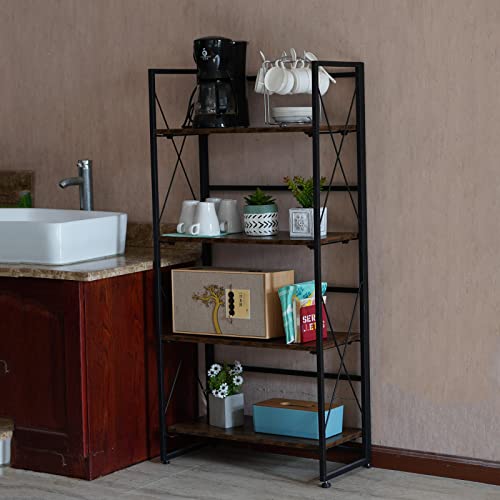 4 Tier Tall Bookshelf, Industrial Book Shelf Open Shelving Wood Display Storage Bookscase For Small Spaces Book Case Metal Standing Shelf Unit For Living Room, Bedroom, Office, Library, Kitchen #TOP6
