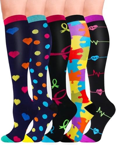 HIPOWER 5Paar Kompressionsstrümpfe Damen Herren Sport Stützkniestrümpfe | Bunte Stützstrümpfe, Reisestrümpfe Compression Sock Für Flug Radsport Reisen Sport Alltag