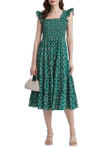 Ladyful Women's Floral Midi Dress Smocked Square Neck Boho Sleeveless Ruffle Strap Beach A-Line Flowy Sundress