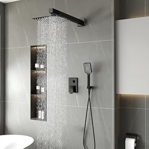 Shower head shower faucet set square shower combo system with 8 rainfall shower head wall mount 3 setting handheld showerstainless steel bath shower headmatte black  urban country home decor
