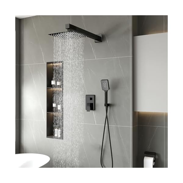 Shower head shower faucet set square shower combo system with 8 rainfall shower head wall mount 3 setting handheld showerstainless steel bath shower headmatte black  urban country home decor