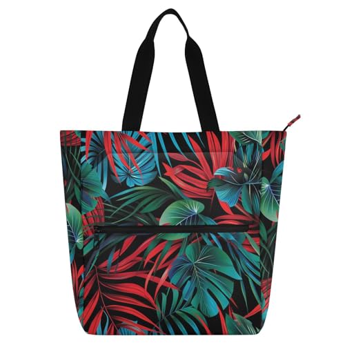 Bolsa de mano escolar y universitaria con diseño de hojas tropicales verde y rojo