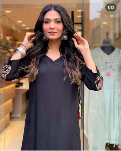 Image of Women's Rayon Embroidered Straight Kurti with Pant Set