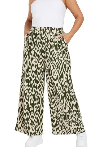 Image of Yours Curve Abstract Print Textured Wide Leg Trousers - Women's - Plus Size Curve Green