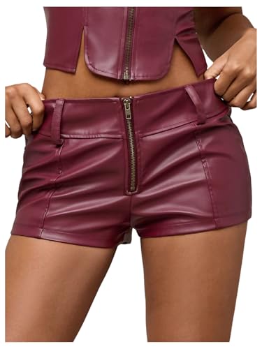 Floerns Women's Y2K Sexy High Waisted Faux Leather Shorts Drawstring Lace Up Festival Rave Shorts Burgundy Solid Medium