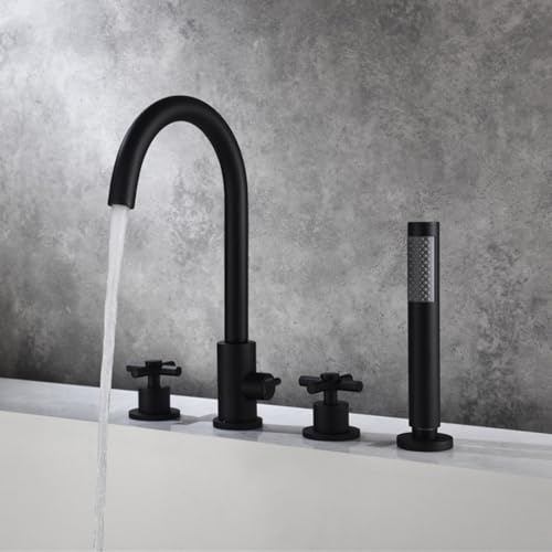Mélangeur de douche à 4 trous noir avec double levier et pommeau pour baignoire moderne