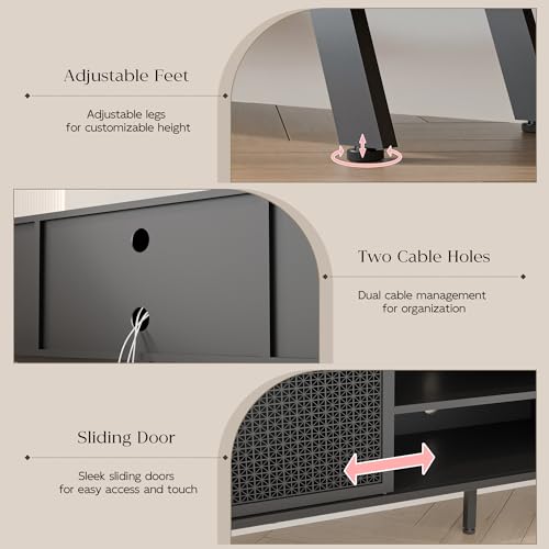 Buytime Black TV Stand for 65 70 Inch TV, Modern Iron Rattan TV Console with Sliding Door, Entertainment Center with Storage and Adjustable Shelves, Media Console for Living Room and Bedroom