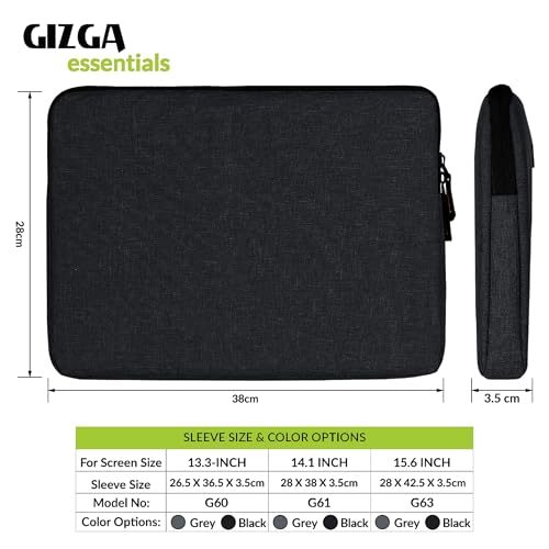 Image of Gizga Essentials 14.1 Inch Laptop Sleeve Case Cover Bag with Extra Pouch & Front Pocket | Slim & Water-Resistant Nylon Fabric with Shockproof Foam Padding, Soft Lining & Premium Zipper Closure (Black)