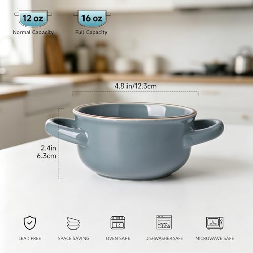 MONITO Ceramic Soup Bowl with Handles,16oz French Onion Soup Bowls,Ceramic Soup Crocks Oven Safe for Cereal,Pasta,Chilli, Beef Stew,Stackable Serving Bowl Set of 4 (16 OZ) by MONITO - Image 2