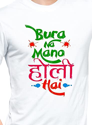 Image of Knitted Polycotton Fabric Regular Fit Men Boys Half Sleeve T-Shirt for Festival of Holi Style 24 White Size : Free