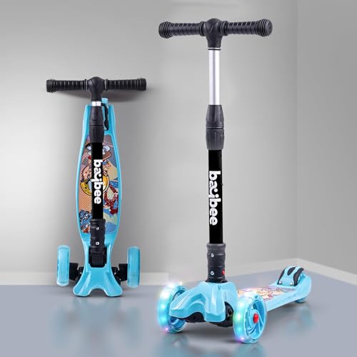 Image of Baybee Flash Kick Scooter for Kids | Smart Foldable 3 Wheel Kids Scooter with 4 Height Adjustable, LED PU Wheels & Brake | Skating Scooters Upto 75 Kg Capacity | Skate Scooters for Kid (Light Blue)