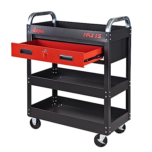 DEMA Servicewagen Max 1S, Werkzeugwagen, Werkstattwagen, Transport- & Etagenwagen, Rollwagen mit Ablage, Ganzstahlkonstruktion, Rot/Schwarz, Belastbar bis 120 kg, für Werkstatt & Lager