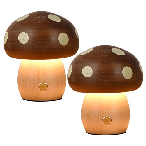 Moroommt Rechargeable Wood Mushroom Night Light – Dimmable Touch Bedside Lamp (2-Pack)