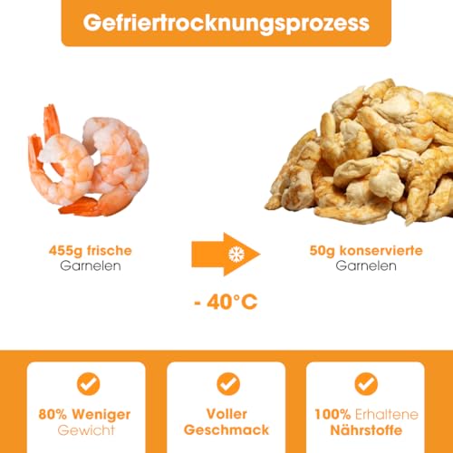 KAUDAS GarnelePur Natursnack – 3 x 50 g gefriergetrocknetes Garnelen Leckerli Hund mit hohem Proteingehalt, 100% natürlicher Hundesnack je 455g Rohgewicht – ohne Zucker, Getreide & Zusatzstoffe