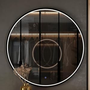 Planetmöbel VELUNA Spiegel mit Beleuchtung rund, Spiegel mit LED-Licht, Dekorativer Wandspiegel mit Alu-Rahmen, Dimm-Funktion, 3000-6500k, 3 Lichtstufen, 100 x 100 cm
