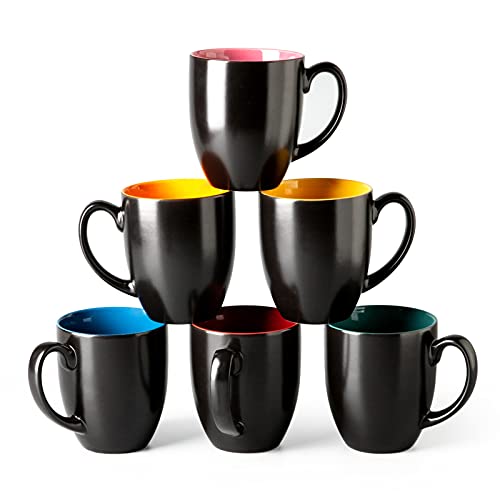 GBHOME Coffee Mugs Set of 6, 17 Ounce Ceramic Coffee Mug Set, Suitable for Cappuccino, Tea, Cocoa, Cereal, Matte Black, Colorful inside