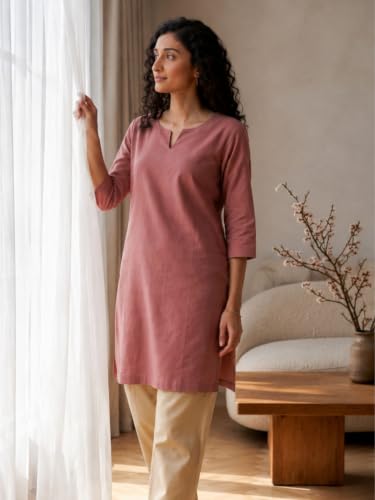 Image of SAADAA Airy Linen Mid Thigh Length Kurta for Women | Stylish Split Neck, 3 /4 Sleeves & Side Pockets | Comfortable Everyday Wear Kurta | Breathable Fabric |