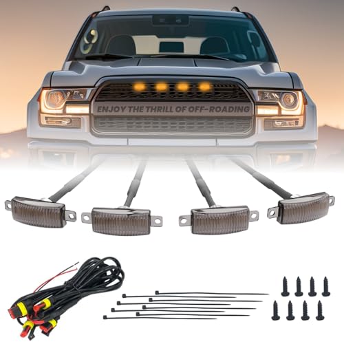 Siweex LED Amber Grille Light for Truck SUV Pickup Car, Smoked Lens Housing Center Grill Running Light, 4PCS Bulbs with Waterproof Connector Cables Kit