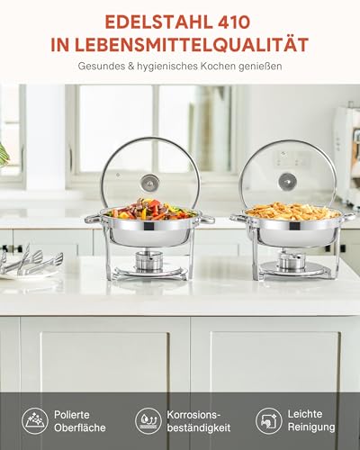Wilprep 2er Set Rund Chafing Dish Set 5,5L Suppenwärmer mit Glasdeckel Erstklassiger 410 Edelstahl Wärmebehälter Bain Marie Speisenwärmer für Restaurants, Buffets, Schule – Bild 4