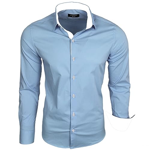 Subliminal Mode - Chemise Homme Coupe Ajuster Col et Manche Bicolore avec Un Repassage Facile Manches Longues Casual S500 Couleur Bleu Ciel Taille XL