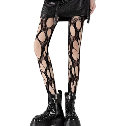 Image of Women's Ripped Fishnet Tights Stockings Irregular Hole Mesh Tights Stockings Y2k Lace Sheer Pantyhose for Daily festivals