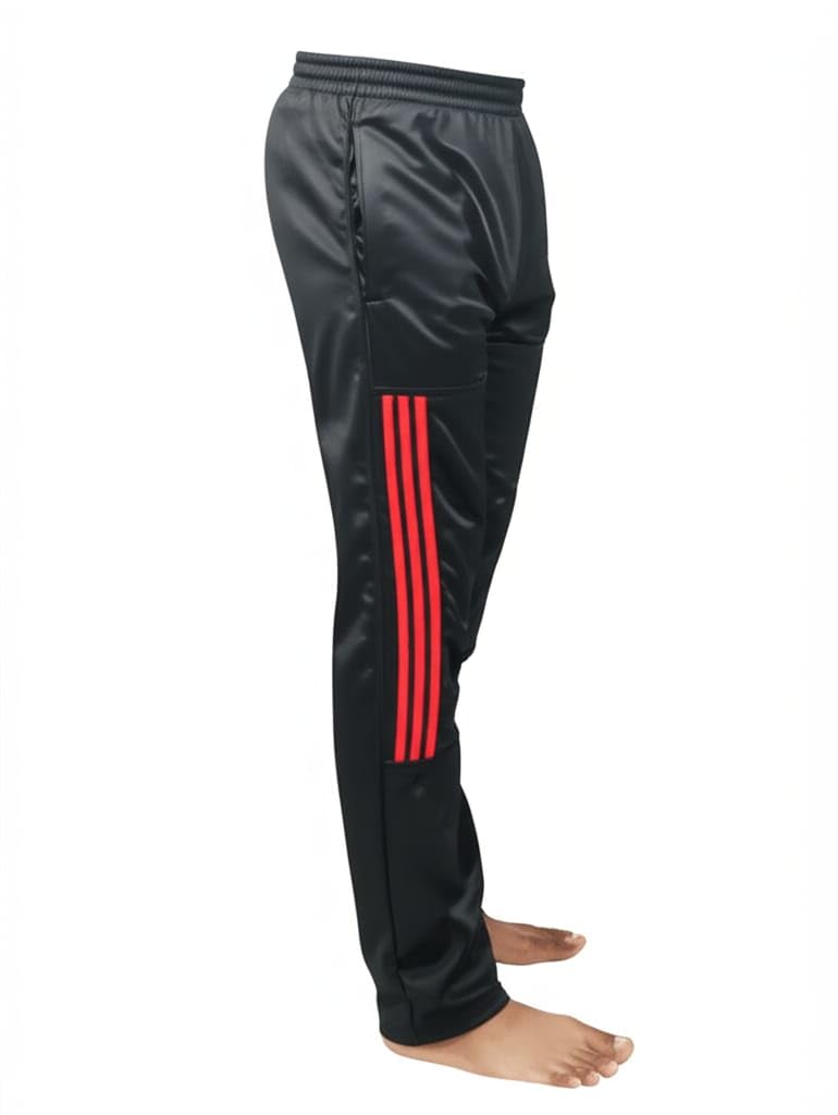 Men's Black Track Pants with Red Side Stripes-image-15