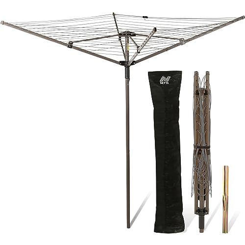 NETTA Rotary Washing Line 4 Arm 45M - Heavy Duty Outdoor Clothes Dryer with Cover & Ground Spike - Easy-Open Whirligig Washing Line Rotary - Large Capacity Garden Laundry Rotary Airer - Grey
