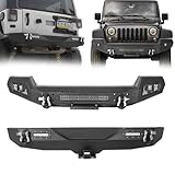 Front Bumper + Rear Bumper Combo Compatible with 2007-2018 Jeep Wrangler JK JKU Unlimited, Full Width Rock Crawler Bumper with Winch Plate & LED Lights & License Plate Frame & D-Ring & Hitch Receiver