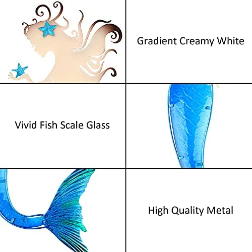 John's Studio Mermaid Wall Decor Outdoor Metal Bathroom Hanging Art Glass Blue Ocean Theme Decorations for Home, Pool and Patio