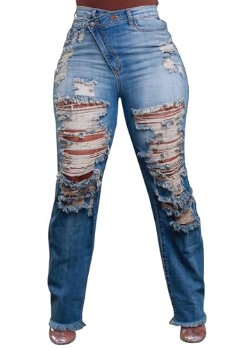 Tbahhir Ripped Jean for Women, High Waisted Jeans Distressed Straight Leg Denim Pants with Raw Hem Frayed Stretch