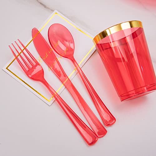 Colosus 36 Guests Disposable Plastic Plates Dinnerware Set - Clear Red With Gold Rim Plastic Dinner Plates Salad Plates Cups And Silverware For Party Wedding #TOP2