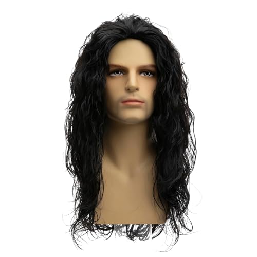 Perruque longue bouclée noire homme aspect naturel avec ondulations