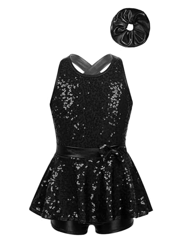 Nyeemya Vestido de Ballet para Niñas Maillot de Danza sin Mangas de Lentejuelas Leotardo de Gimnasia Rítmica con lazo para el cabello Ropa Baile Negro 5-6 años