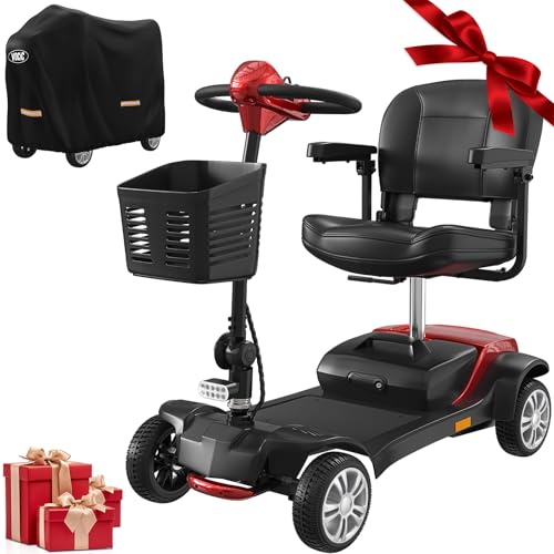 VOCIC D51 Scooter de movilidad de 4 ruedas Estable 136KG,Movilidad scooter plegable para personas mayores de alcance de 15KM con Neumáticos Antipinchazos para todo terreno,Garantía 5 Años| Rojo