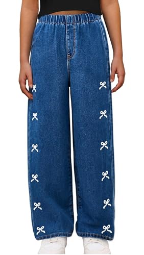 Happy Cherry Kids Girls Baggy Jeans Distressed Washed Casual Wide Leg High Waist Elastic Band Denim Pants