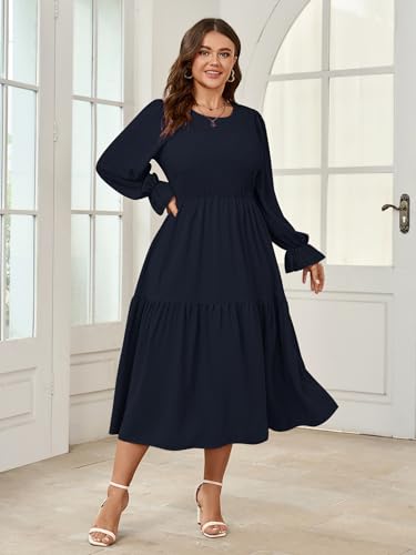 Image of SHESTARR Women's Plus Size Dress Long Sleeve Crewneck Smocked Tiered Flowy Boho Wedding Party Maxi Dresses