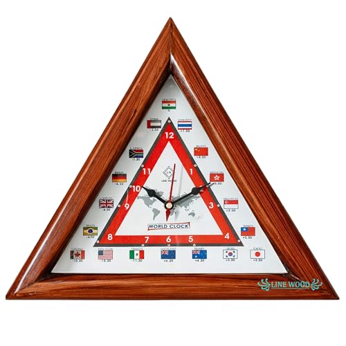 Image of LINE Wood - Antique Wooden Wall Clock - Triangular Shape Multi-Country World Clock with Time Zones Vintage Style for Home, Office, Bedroom, Hall, Living Room, Farmhouse Decor (12 INCH)