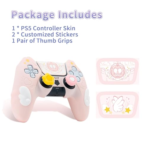 Image of GeekShare PS5 Controller Skin Set,Silicone Protective Cover Skin Case for PS5 Wireless Controller with 2 Thumb Grip Caps and 2 Stickers - Star Wings Series (Pink)