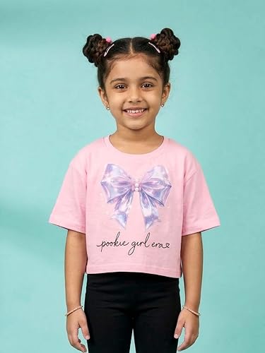Image of KiddoPanti Girls 100% Cotton Solid Drop Shoulder Half Sleeve Round Neck Crop Tee