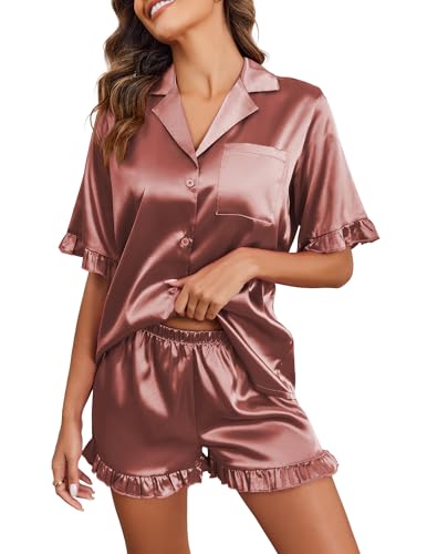 Image of Ekouaer Satin Pajama Set for Women 2 Piece Pj Sets Short Sleeve Sleepwear | Super Soft Silky Summer Loungewear Set with Ruffle Short Sleeve Top and Pocket Shorts, Casual Travel Daily Gift